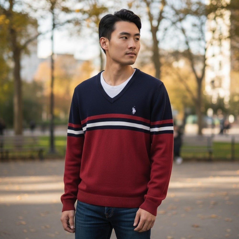 U.S. Polo Assn. Men's V-Neck Sweater in Red‎ and Black Preppy Traditional SZ XL